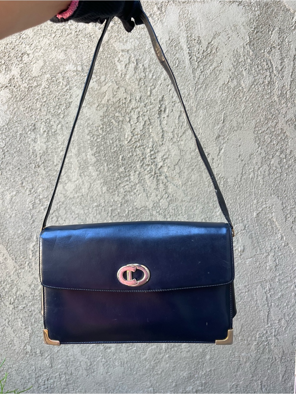 Vintage 70s Christian Dior Navy Blue Box Calfskin Flap Shoulder Bag & Coin Pouch